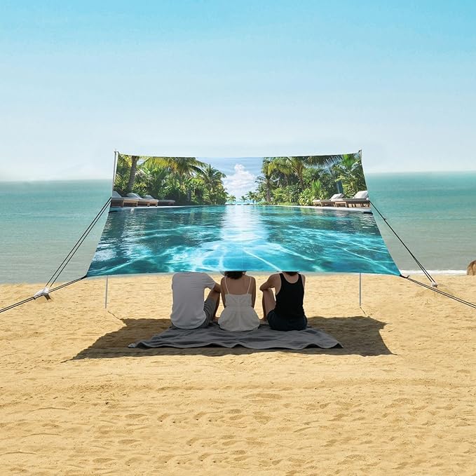Summer Pool Pattern Beach Tent Sun Shelter Set UPF50+ UV Protection 10.5 x 9.19 FT Camping Shade Canopy with Sandbags Sand Anchors Carrying Bag and Others