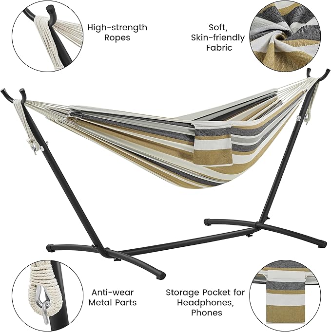 Yaheetech Double Hammock w/Stand 2-People Hammock &amp Stand Set w/Storage Bag &amp Carrying Bag Outdoor/Indoor Heavy-Duty Portable Hammock 450LB Capacity - Desert Stripe