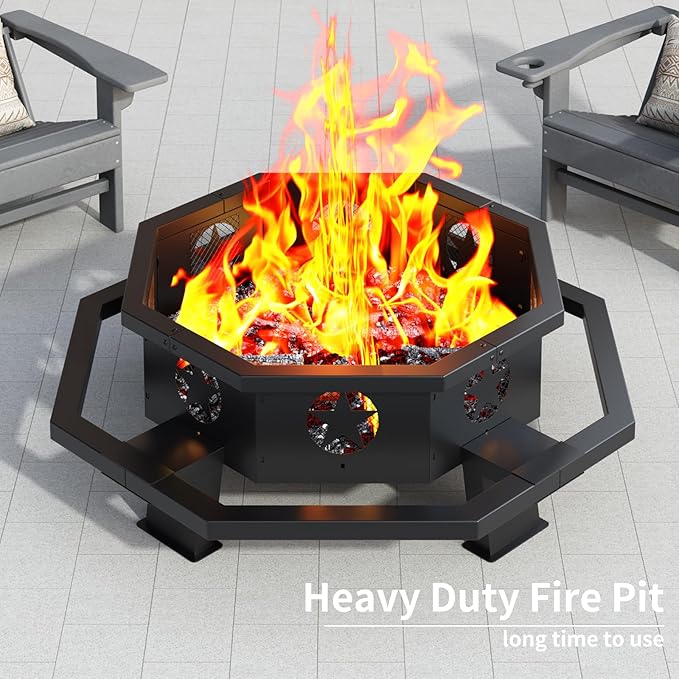 43 inch Fire Pit Outdoor Wood Burning Fire Pit Octagonal Heavy Duty Firepit for Camping Backyard Patio Black