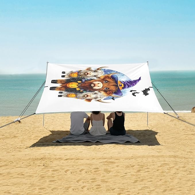 ALAZA Highland Cows Halloween Beach Tent Sun Shelter UPF50+ Protection Beach Shade Canopy w/ 4 Sandbags for Outdoor Camping Fishing Backyard Fun Picnic 10x9 ft