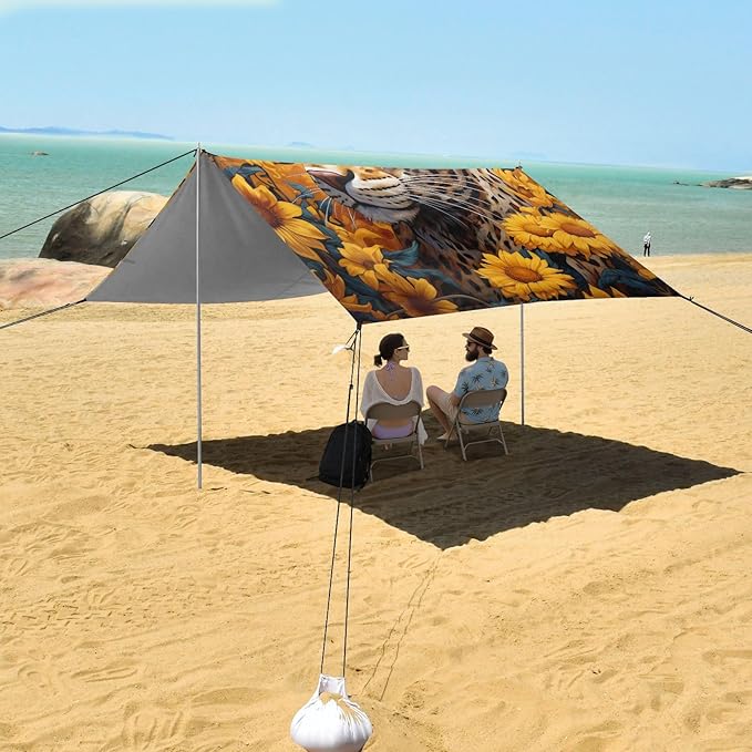 ALAZA Leopard Sunflowers Beach Tent Sun Shelter Portable Canopy Sunshade for Outdoor Camping Picnics Backyard Fun 10x9 ft