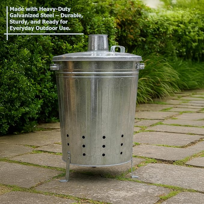 Gardenised Silver Galvanized Steel Outdoor Incinerator Can Large Garden Waste Burner Bin with Lid Ventilation Holes &amp Raised Legs for Yard Patio Backyard Leaves Paper and Household Debris