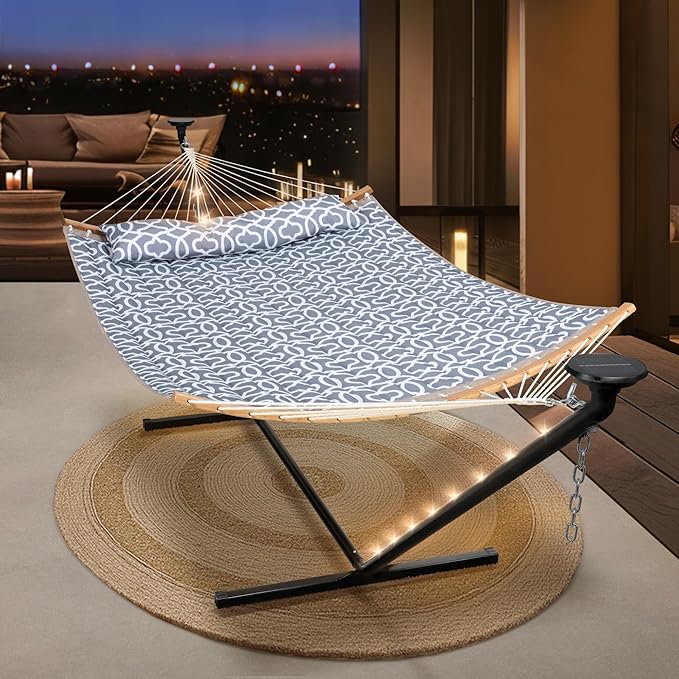 SUNCREAT Double Outdoor Hammock with 12 ft Stand Solar Powered Lights 2 Person Hammocks for Outside Grey