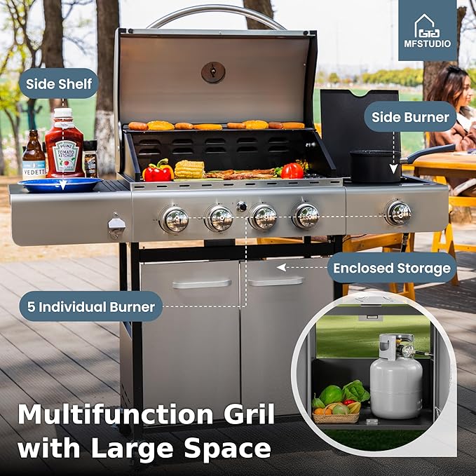 MFSTUDIO 4-Burner BBQ Propane Grill with Searing Side Burner Porcelain-Enameled Cast Iron GratesThicker and taller lid Stainless Steel Gas Grills for Outdoor and Patio Barbecue Cooking