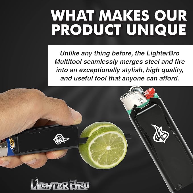 LighterBro Lighter Sleeve - Multi-Tool - 420 Stainless Steel - Easily Fits Your Favorite Lighters - Includes Mini Knife Ruler Scissors Screwdriver Poker Key Ring &amp More (Stealth/Blue Steel)