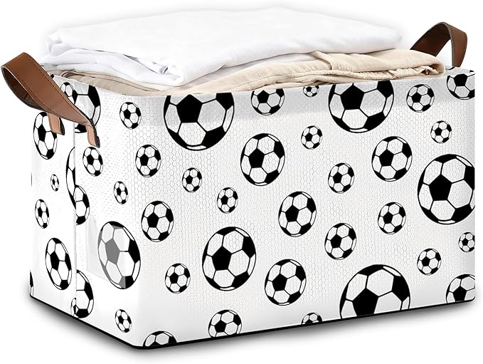Black Soccer Football Storage Bins with Handles Collapsible Storage for Clothes Gift Basket Blankets &amp Closet Organization