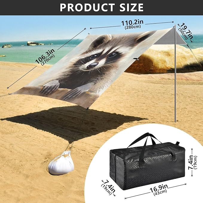 ALAZA Cute Raccoon Watercolor Beach Tent Sun Shelter Portable Canopy Sunshade for Outdoor Camping Picnics Backyard Fun 10x9 ft