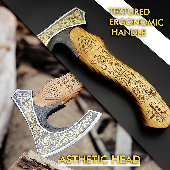 SHINY CRAFTS-Viking axe bearded axe tomahawk birthday gifts-Viking Axe with Carbon Steel Head and Ash Wood Handle is black polished Viking Gifts for Men with Premium Quality Leather Sheath (SCA-0025)