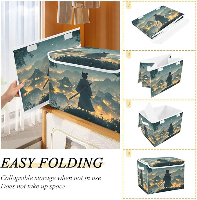 AIXIWAWA Lidded Storage Cube (Samurai Cat) Fabric Foldable Closet Bins with Flip Lid and Handles Organizer Basket Container 16.5 x 12.6 x 11.8 IN