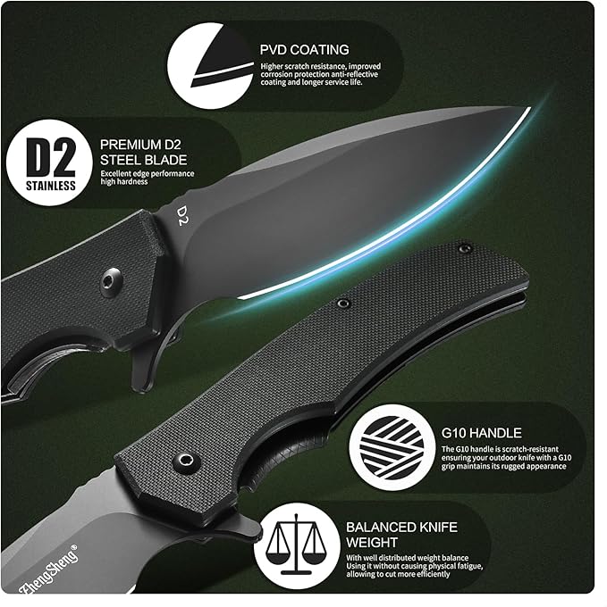 ZhengSheng Praxis Folding Pocket Knife 3.6 PVD Titanium Coating D2 Steel Blade Foldable Knife with G10 Handle Lightweight Camping Survival Hiking Knives