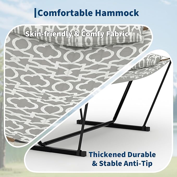 2 Person Outdoor Hammock with Stand 450LBS Capacity Heavy Duty Hammock with Carrying Bag &amp Soft Pillow Portable Indoor Outdoor Hammock Perfect for Backyard Patio Beach