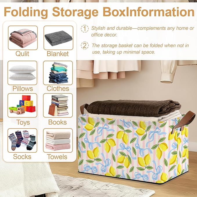 32L Large Storage Bins with Handles Watercolor Fruit Basket Organizer for Shelves Closet Books Laundry &amp Home Decor (Lemons)