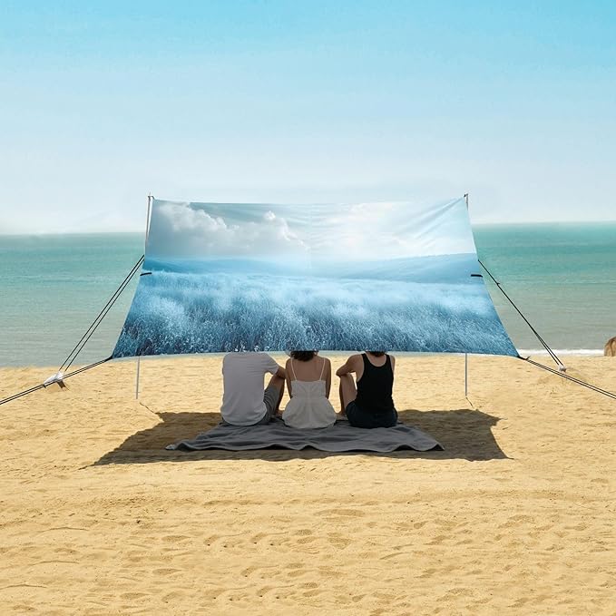 Meadow Blue Beach Tent Sun Shelter Set UPF50+ UV Protection 10.5 x 9.19 FT Camping Shade Canopy with Sandbags Sand Anchors Carrying Bag and Others