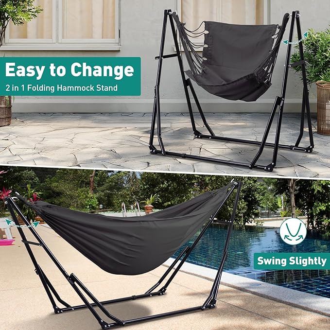 Ainfox Hammock with Foldable Stand 2 in 1 Hammock and Swinging Chair with Carrying Bag Portable Camping Chair Suitable for Outside SwingPatioGardenCamping Trip Grey