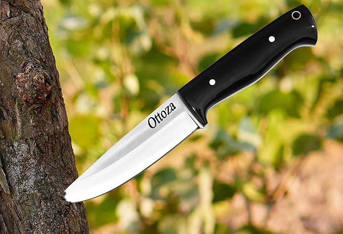 Ottoza Full Tang Bushcraft Knife with 1095 Carbon Steel Fixed Blade - Survival and Outdoor Camping Knife - Black Cross Draw Sheath and Cow Horn Handle 426