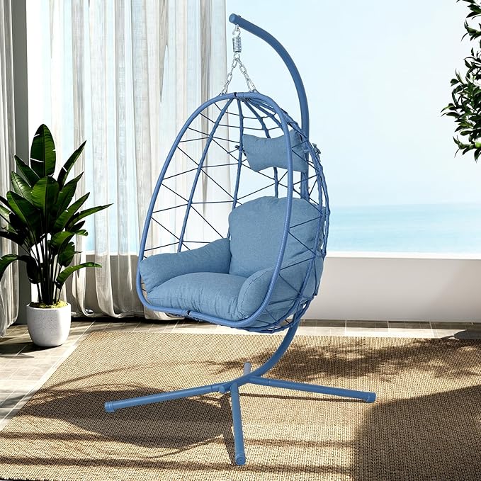 Hanging Egg Chair with Stand Outdoor Indoor Patio Rattan Swing Hammock Chairs with Washable Cushion PE Wicker Swing Chair for Backyard Bedroom Garden (Blue + Blue Cushion No Footrest)