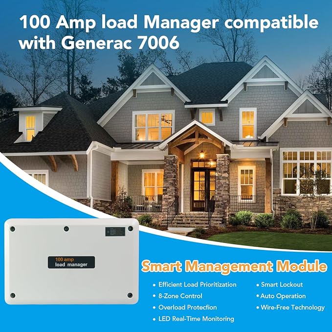 100 Amp Load Manager Compatible with Generac 7006 Smart Management Module with 8-Zone Control Lock-Feature Real-Time LED Monitoring and Wire-Free Technology