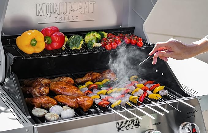 Monument Grills 4-Burner Liquid Propane Gas Grill Silver Stainless Steel Grill Patio Garden Barbecue Grill with Clearview® Lid and One Foldable Shelf Mesa400MF with BBQ Cover