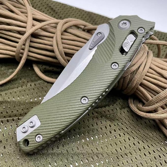 Outdoor Folding Pocket Knife with 3.9 M390 Stonewashed Blade OD-Green G10 Handle Crossbar-Lock Mechanism for Camping Hiking Survival EDC