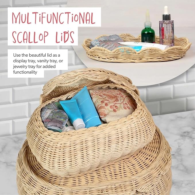 2pcs Hand Woven Rattan Scallopped Baskets with Lid Small Rattan Basket Decorative Wicker Storage Baskets Storage Basket for Living Room Bathroom Bedroom Food Bread Picnic