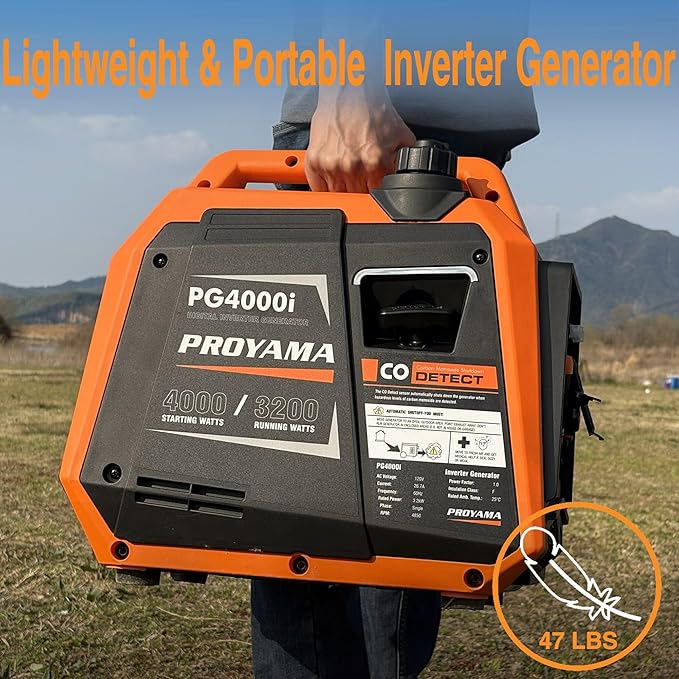 PROYAMA 4000W Portable Gas Inverter Generator CO Sensor Digital Interface RV - Ready LED Light ECO - Mode Parallel Capable Low Oil Shutoff Super Quiet and Lightweight with Weatherproof Cover