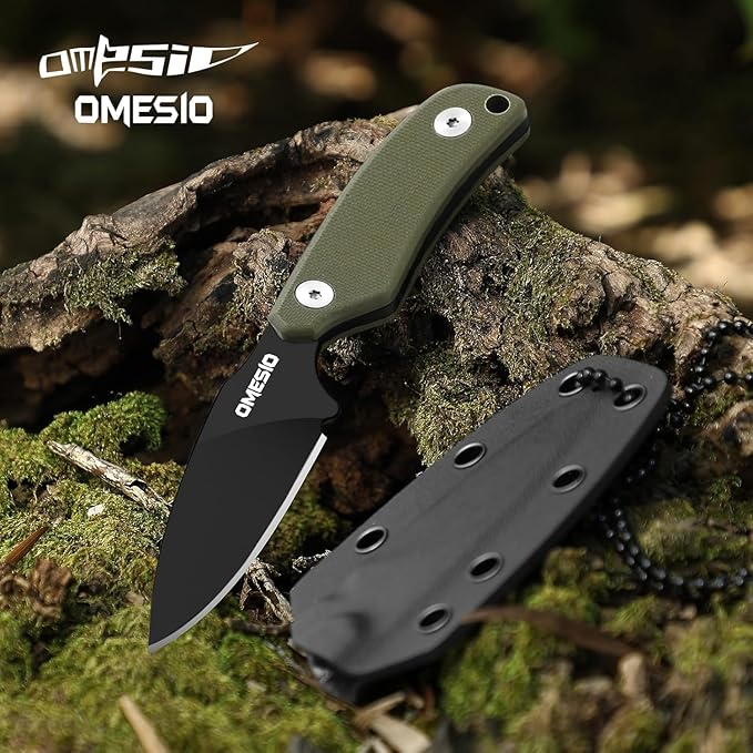 Omesio Compact Neck Knife with Sheath and Necklace D2 Steel 2.99-Inch Blade Full Tang G10 Handle Fixed Blade for EDC Hiking Camping (Black Blade + Green Handle)