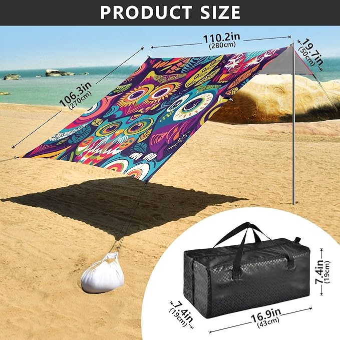 ALAZA Colorful Cute Owl Cartoon Beach Tent Sun Shelter Portable Canopy Sunshade for Outdoor Camping Picnics Backyard Fun 10x9 ft