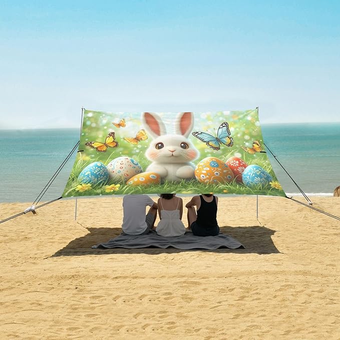 Easter Eggs Cute Bunny Beach Tent Sun Shelter Set UPF50+ UV Protection 10.5 x 9.19 FT Camping Shade Canopy with Sandbags Sand Anchors Carrying Bag and Others