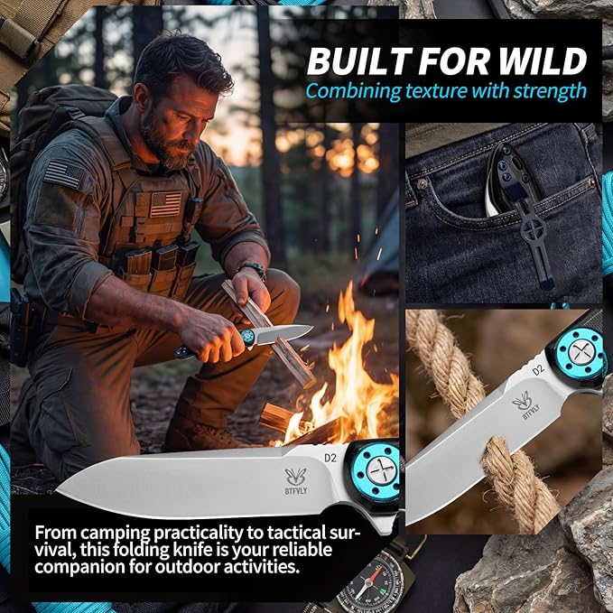 Tactical Folding Knife 7.8in with 3.3 D2 Blade G10 Handle Ambidextrous Silver Camping Survival EDC Pocket Knife with Clip