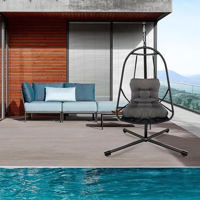 Swing Egg Chair with Stand Indoor Outdoor Wicker Rattan Patio Basket Hanging Chair with C Type Bracket with Cushion and PillowPatio Wicker Folding Hanging Chair(Special Construction Cup Holder