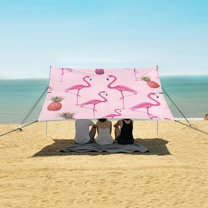 Beach Canopy with Windproof Ropes &amp Sandbags Beach Tent Sun Shade Sun Shelter for Camping Trips Fishing Backyard Fun or Picnics Flamingos