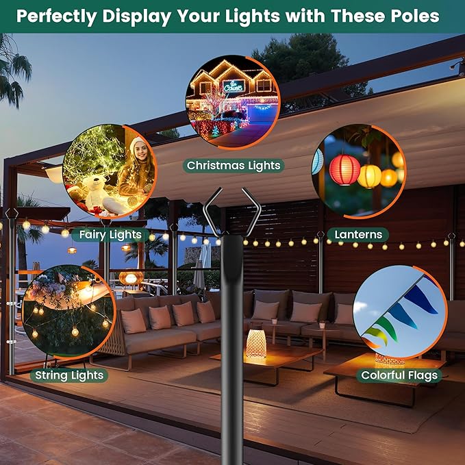 OHLUX 4 Pack 10FT String Light Poles Outdoor Poles with Fence Brackets for Hanging Lights Metal Stand for Patio Backyard Yard Deck