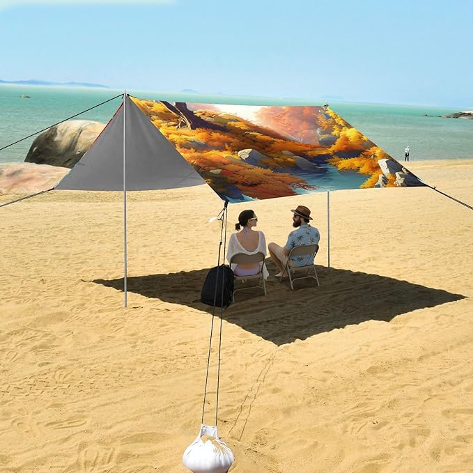 xigua Autumn Beach Tent Sun Shelter with Carrying Bag - Silver Coated Oxford Fabric Beach Canopy for Beach Camping Fishing - Includes Windproof Ropes Sandbags &amp Stakes