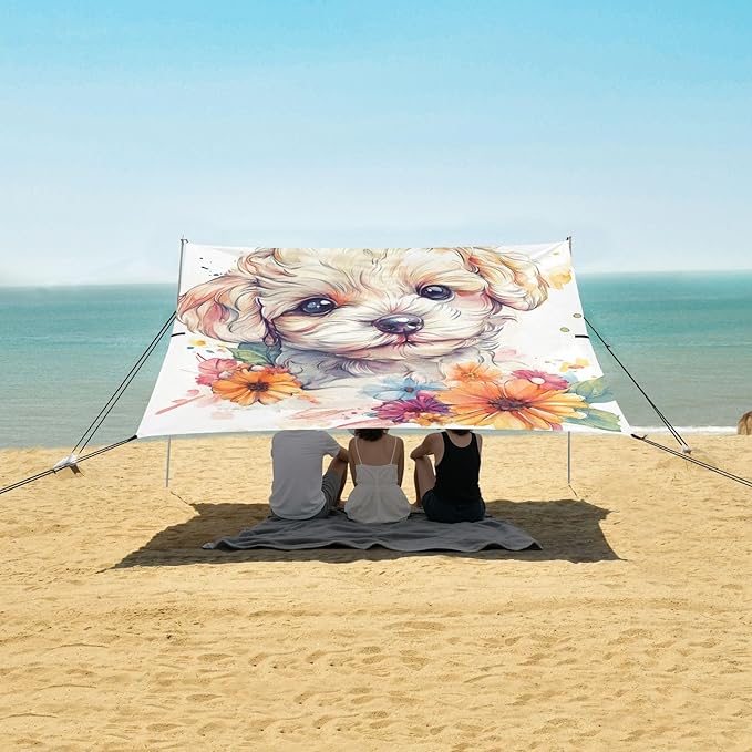 ALAZA Watercolor Puppy and Flower Beach Tent Sun Shelter Portable Canopy Sunshade for Outdoor Camping Picnics Backyard Fun 10x9 ft