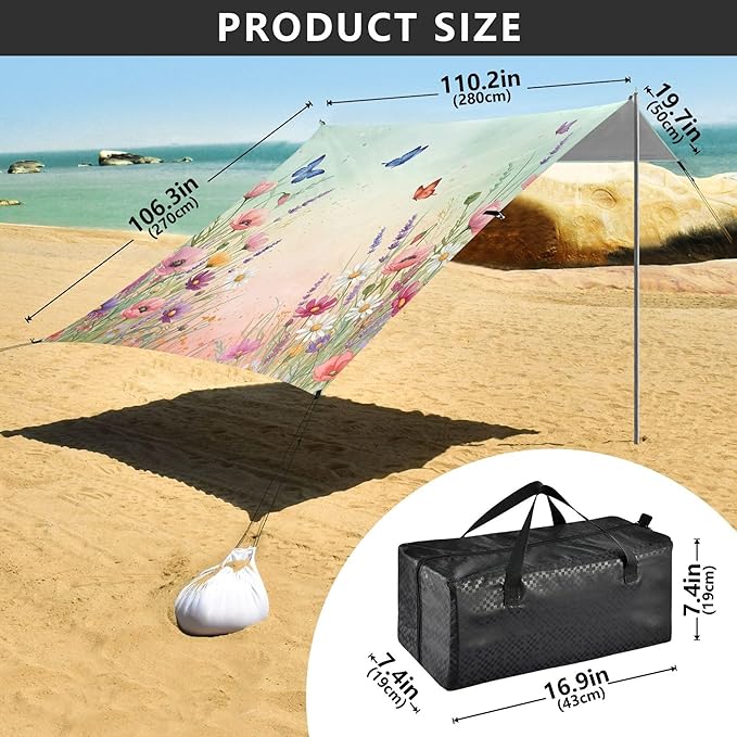 Wildflowers Beach Canopy Sun Shelter with Sandbags &amp Sand Shovel &amp Windproof Ropes - Portable 110x126 Beach Shade Beach Tent for Camping Picnics