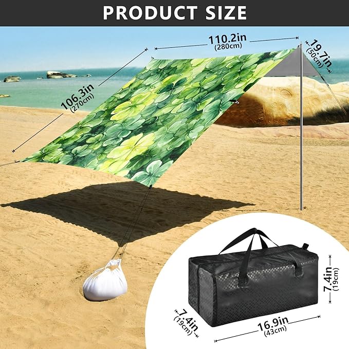 xigua St. Patrick's Day Clover Beach Tent Sun Shelter with Carrying Bag - Silver Coated Oxford Fabric Beach Canopy for Beach Camping Fishing - Includes Windproof Ropes Sandbags &amp Stakes