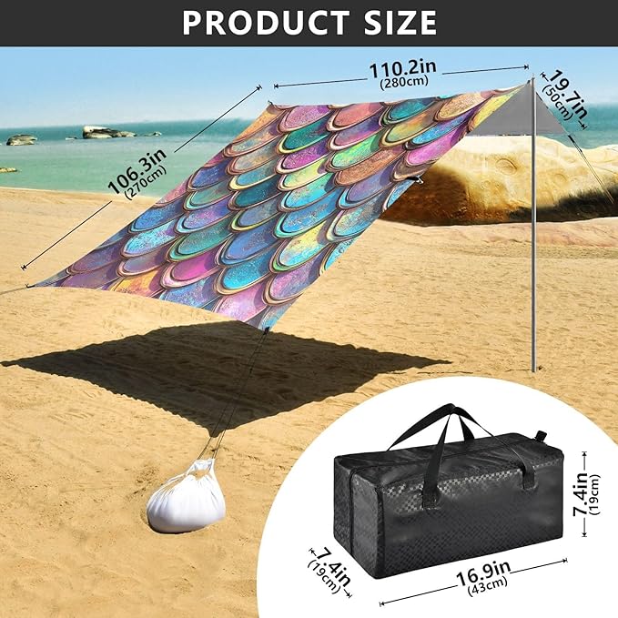 ALAZA Gradient Mermaid Scales Beach Tent Sun Shelter UPF50+ Protection Beach Shade Canopy w/ 4 Sandbags for Outdoor Camping Fishing Backyard Fun Picnic 10x9 ft