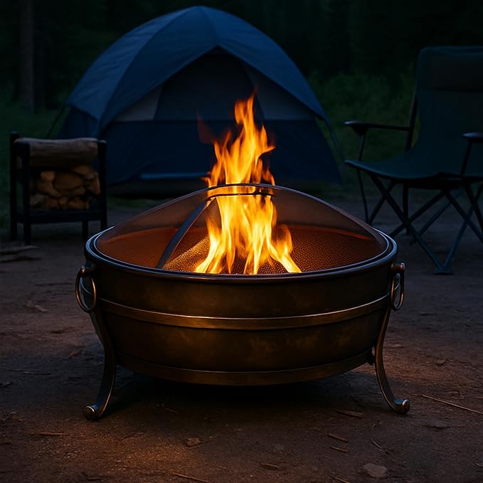 Sunnydaze 34-Inch Large Fire Pit for Outside - Wood-Burning Fire Pit Bowl for Outdoors with Spark Screen Log Poker and Grate