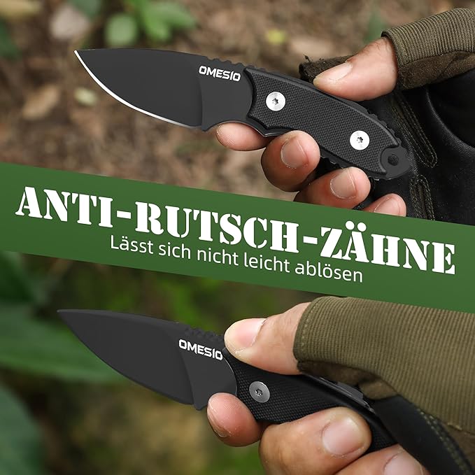 Omesio Neck Knife 5.43 Neck Knife with Sheath and Necklace Full Tang Small Mini Fixed Blad Knife with Clip D2 Steel 2.17-Inch Blade G10 Handle for Camping Tactical (Black Handle + Black Blade)