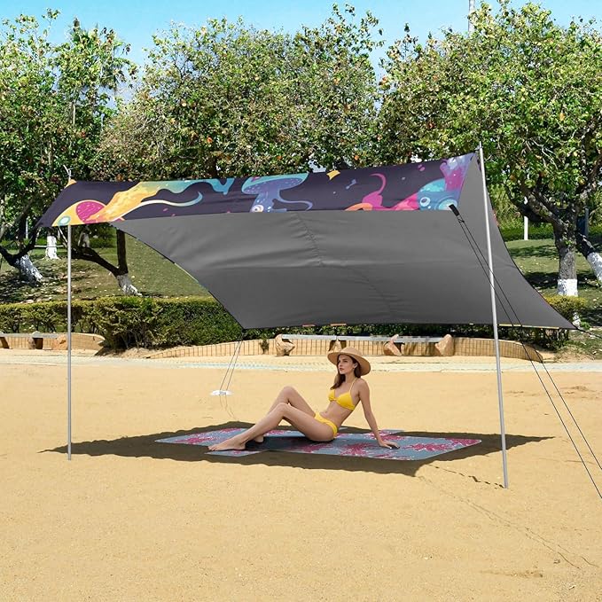 Colorful Jellyfish Foldable Beach Cabana UPF50+ Protection Water-Resistant Large Portable Sun Shelter with Sandbags and Shovel for Backyard and Camping