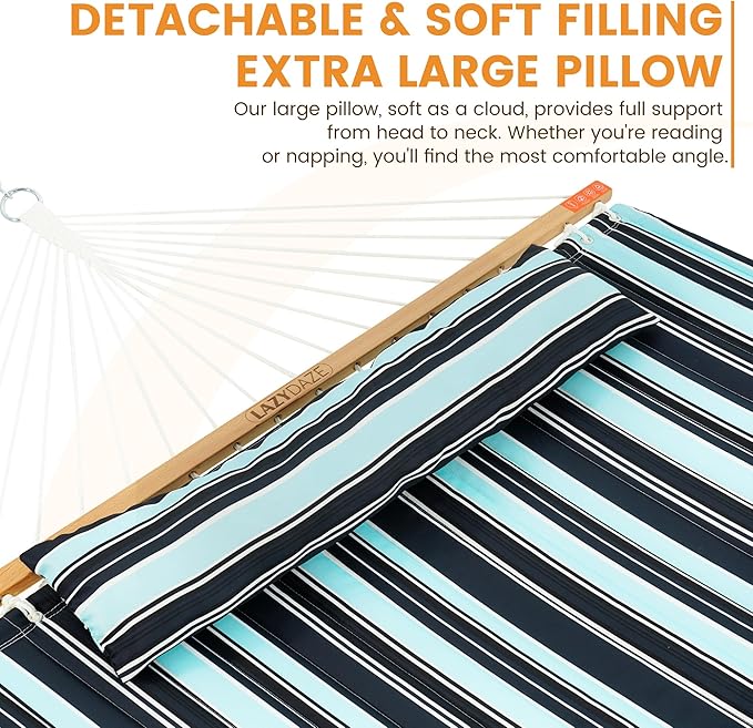 Lazy Daze Hammocks 2 Person Double Quilted Fabric Hammock with Spreader Bar Detachable Pillow Side Pocket Carabiners Chains Straps for Outdoor 450lbs Capacity Aqua Navy