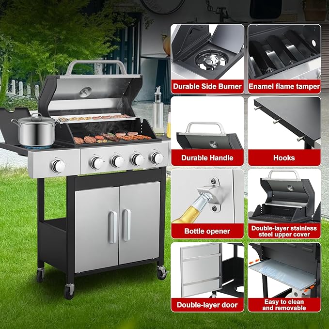 4-Burner Propane Gas Grill with Side Burner 46000 BTU Outdoor BBQ Grill with Porcelain-Enameled Cast Iron Grates and Griddle Pan Built-in Thermometer Stainless Steel Grill for Outdoor Cooking