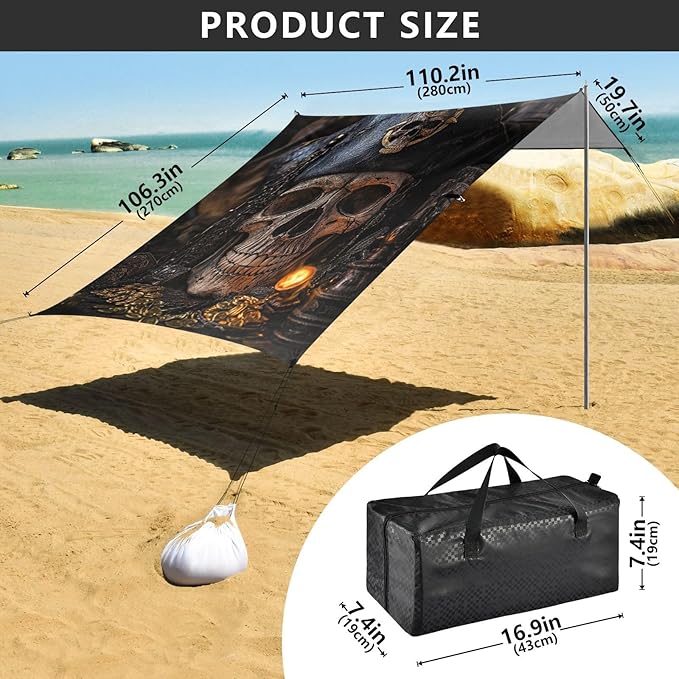 ALAZA Pirate Skull Torch Treasure Beach Tent Sun Shelter Portable Canopy Sunshade for Outdoor Camping Picnics Backyard Fun 10x9 ft