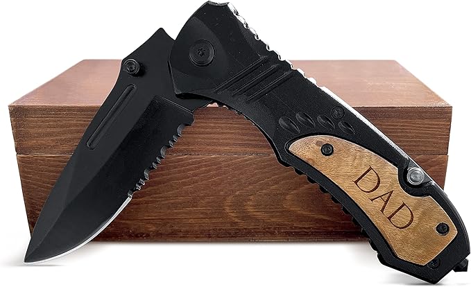 Premium Laser Engraved Folding Pocket Knife Wooden Handle and Gift Box Foldable Camping Knife for Dad Fathers Day