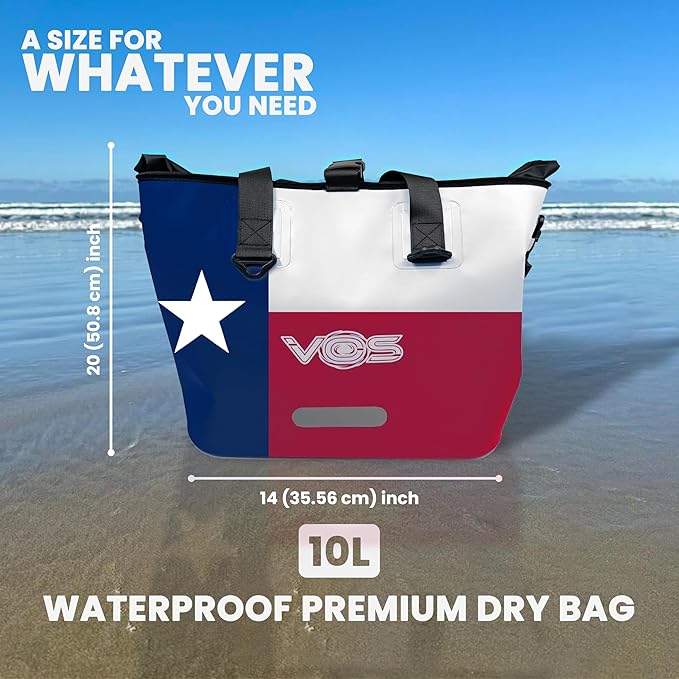 VOS Waterproof Premium Texas Dry Bag – All-purpose Tote Bag with Zip Pocket (Red Blue White) - Keep Your Gear &amp Personal Items Dry During Hiking Camping and Water Sports