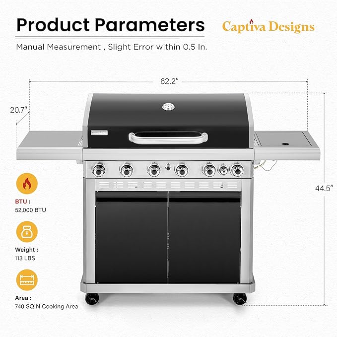 Captiva Designs 6-Burner Propane Gas BBQ Grill with Side Burner &amp Porcelain-Enameled Cast Iron Grate and Plate for Outdoor Barbucue Events 52000 BTU Output740 SQ.IN. Cooking AreaHeavy Duty
