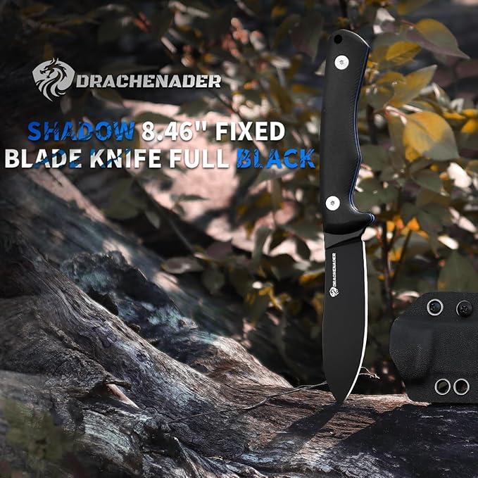 DRACHENADER SHADOW 8.11 Fixed Blade Hunting Knife D2 Steel Blade Survival Knife with Kydex Sheath Horizontal Carry for Men Outdoor Skinning and Camping (Black)