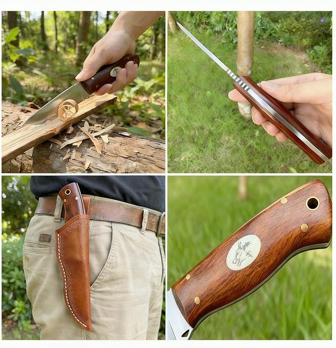 3.54 inches Bowie Knife Full-tang D2 Steel Fixed Blade Rosewood Handle Hunting Knife with Leather for Camping Hiking Survival