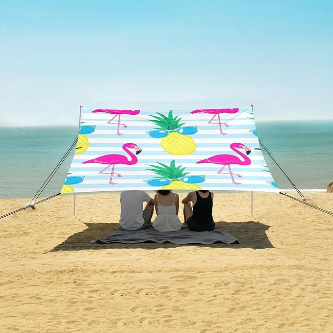 Beach Canopy with Windproof Ropes &amp Sandbags Beach Tent Sun Shade Sun Shelter for Camping Trips Fishing Backyard Fun or Picnics Flamingos
