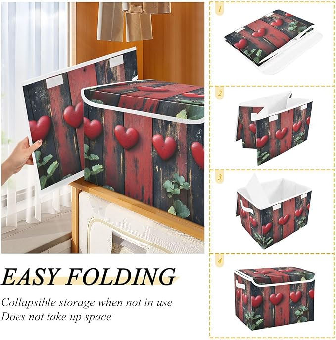 AIXIWAWA Lidded Storage Cube (Hearts Wood) Fabric Foldable Closet Bins with Flip Lid and Handles Organizer Basket Container 16.5 x 12.6 x 11.8 IN